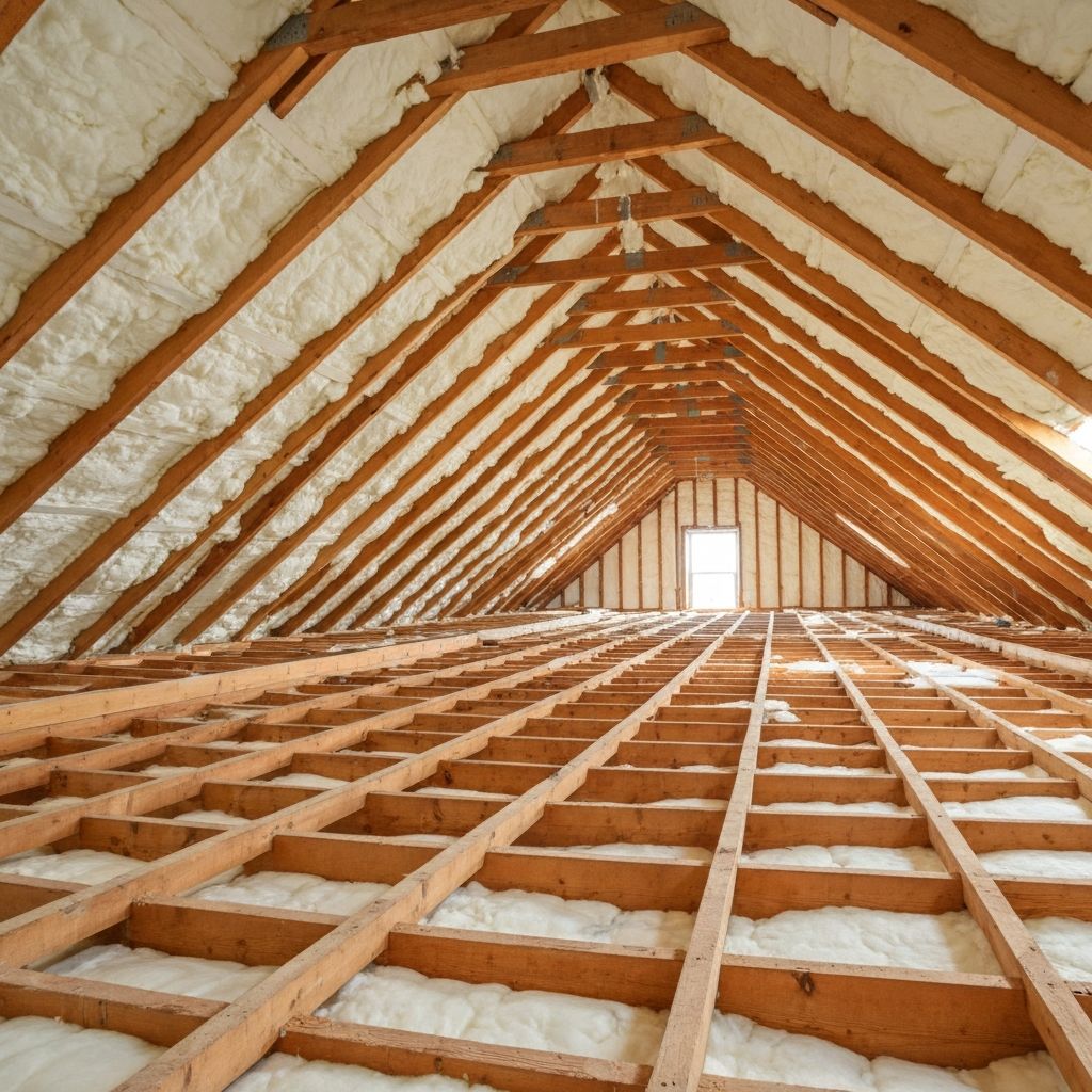 Clean loft with exposed roof timbers and new glass mineral wool insulation after spray foam removal — Bristol