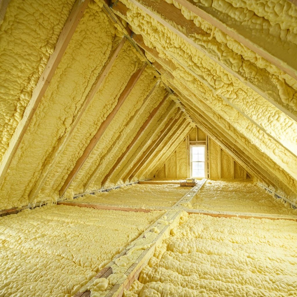 Loft with spray foam insulation covering roof timbers — Bristol property before removal